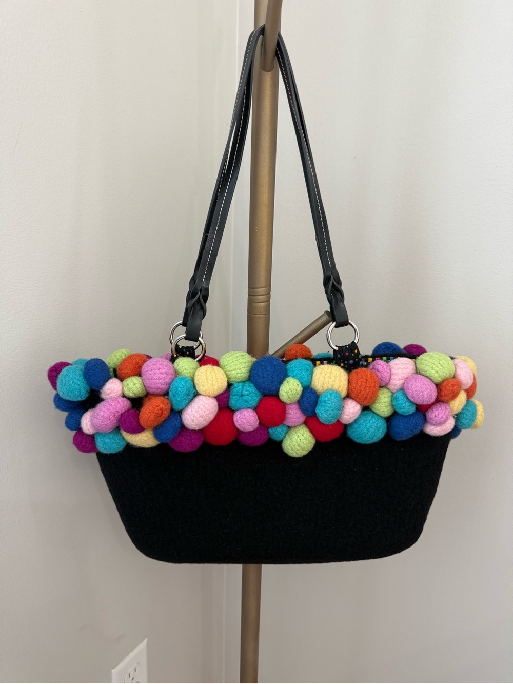 Pom-Pom Shoulder Tote Lined w Multi Interior Slip Pockets - Picture 2 of 7